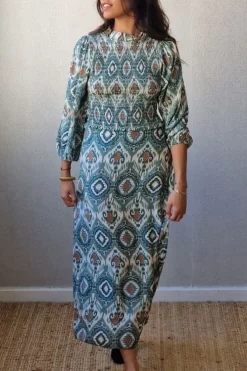 Vestido estampado con nido de abeja verde