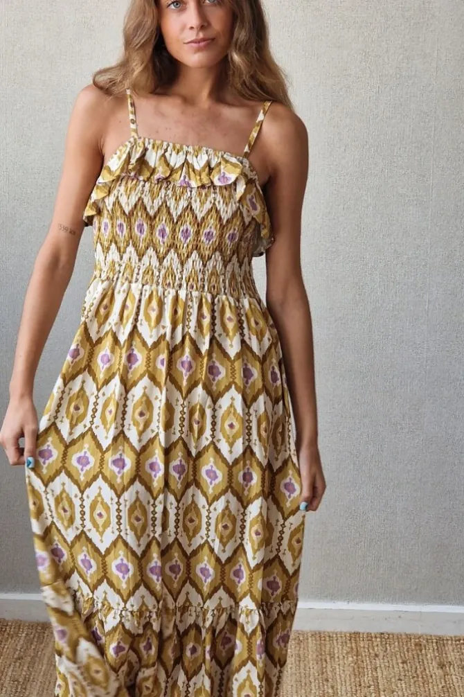 Vestido estampado de tirantes mostaza