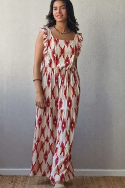 Vestido fresa estampado ikat con volantes y lazo en la espalda