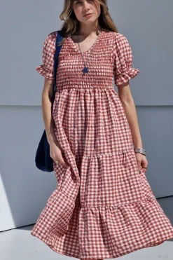 Vestido fruncido vichy coral