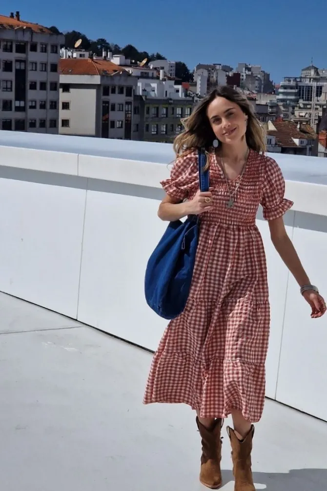 Vestido fruncido vichy coral