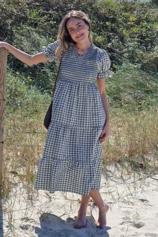 Vestido fruncido vichy verde militar