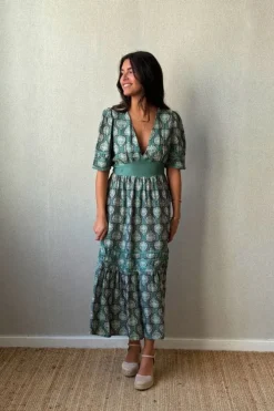 Vestido hoja manga corta y escote estampado verde