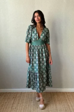 Vestido hoja manga corta y escote estampado verde
