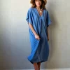 Vestido kaftan tipo lino cuello pico azul