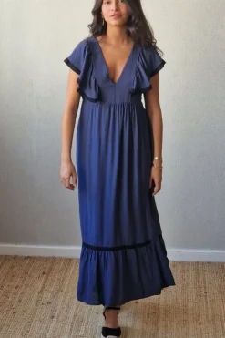 Vestido largo bicolor azul marino y negro