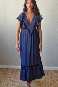 Vestido largo bicolor azul marino y negro