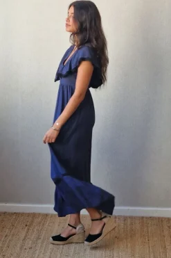 Vestido largo bicolor azul marino y negro