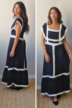 Vestido largo bicolor con volante en negro y blanco