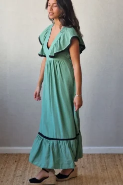 Vestido largo bicolor verde y negro
