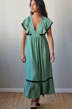 Vestido largo bicolor verde y negro