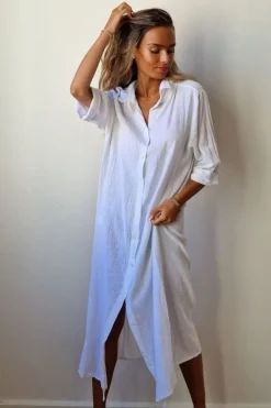 Vestido largo camisero de algodón blanco