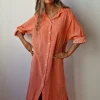 Vestido largo camisero de algodón naranja quemado