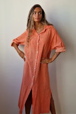 Vestido largo camisero de algodón naranja quemado