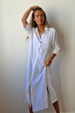 Vestido largo camisero de algodón blanco