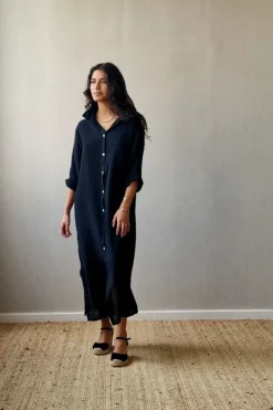 Vestido largo camisero de algodón negro tipo lino