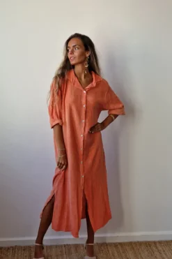 Vestido largo camisero de algodón naranja quemado