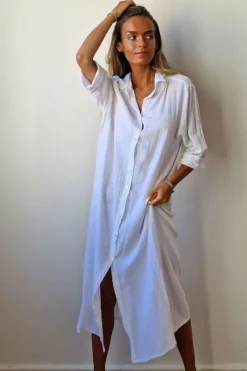 Vestido largo camisero de algodón blanco