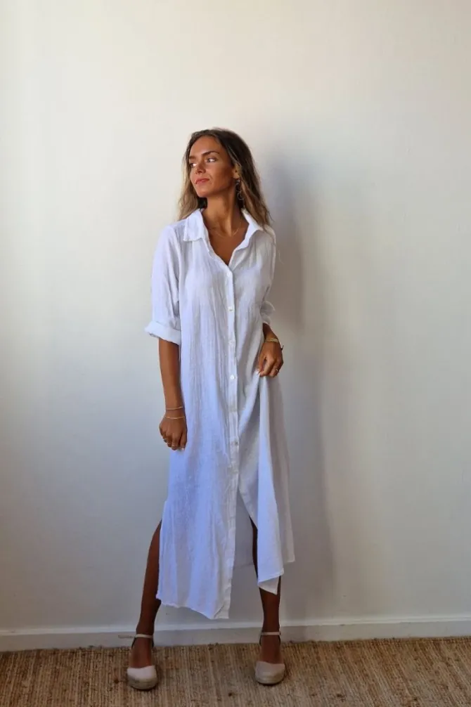 Vestido largo camisero de algodón blanco