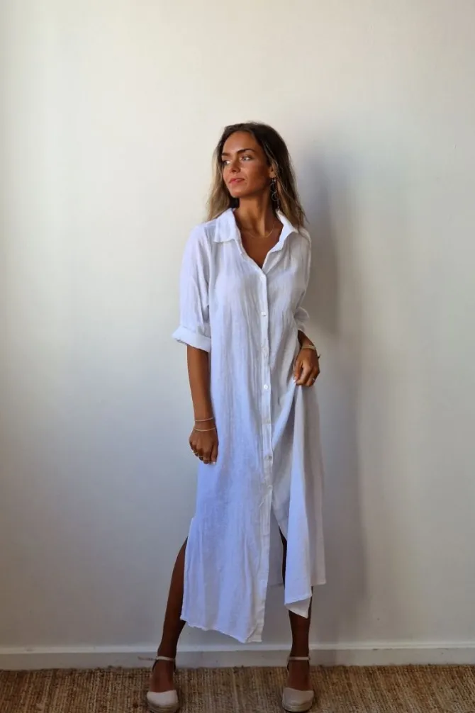 Vestido largo camisero de algodón blanco