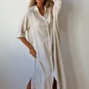 Vestido largo camisero tipo lino beige