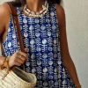 Vestido largo de cuello redondo estampado azul y beige
