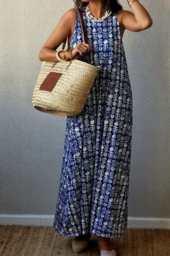 Vestido largo de cuello redondo estampado azul y beige