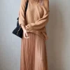 Vestido largo de tull camel con jersey