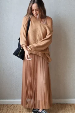 Vestido largo de tull camel con jersey