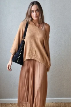 Vestido largo de tull camel con jersey