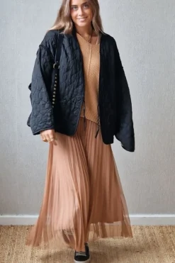 Vestido largo de tull camel con jersey