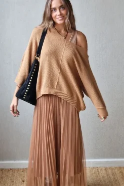 Vestido largo de tull camel con jersey