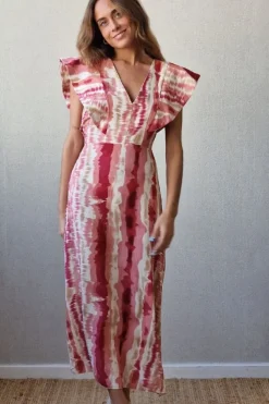 Vestido largo estampado con cuello pico y alerón rosa y beige