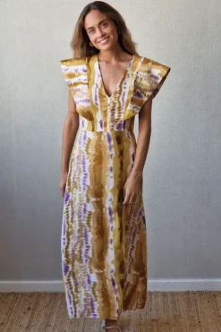 Vestido largo estampado con cuello pico y alerón mostaza y lila