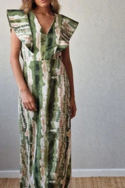 Vestido largo estampado con cuello pico y alerón verde y beige