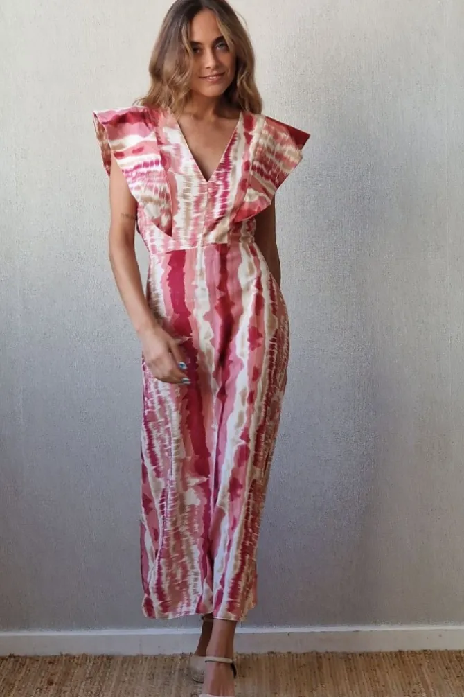 Vestido largo estampado con cuello pico y alerón rosa y beige