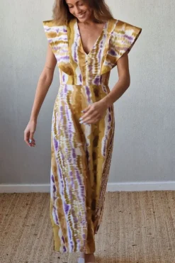 Vestido largo estampado con cuello pico y alerón mostaza y lila