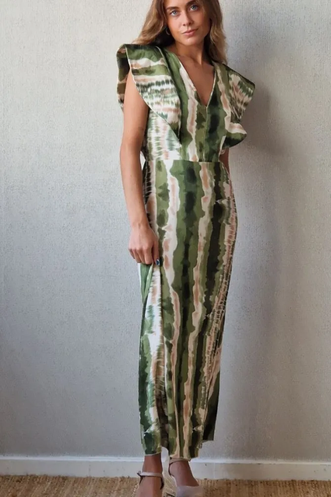 Vestido largo estampado con cuello pico y alerón verde y beige