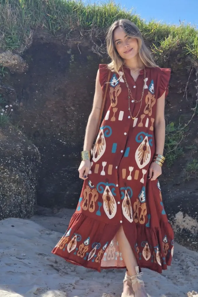 Vestido largo estampado étnico caldero