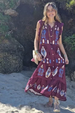 Vestido largo estampado étnico berenjena