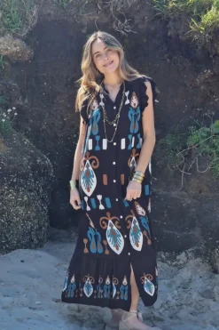 Vestido largo estampado étnico negro