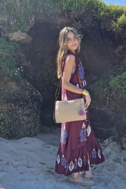 Vestido largo estampado étnico berenjena