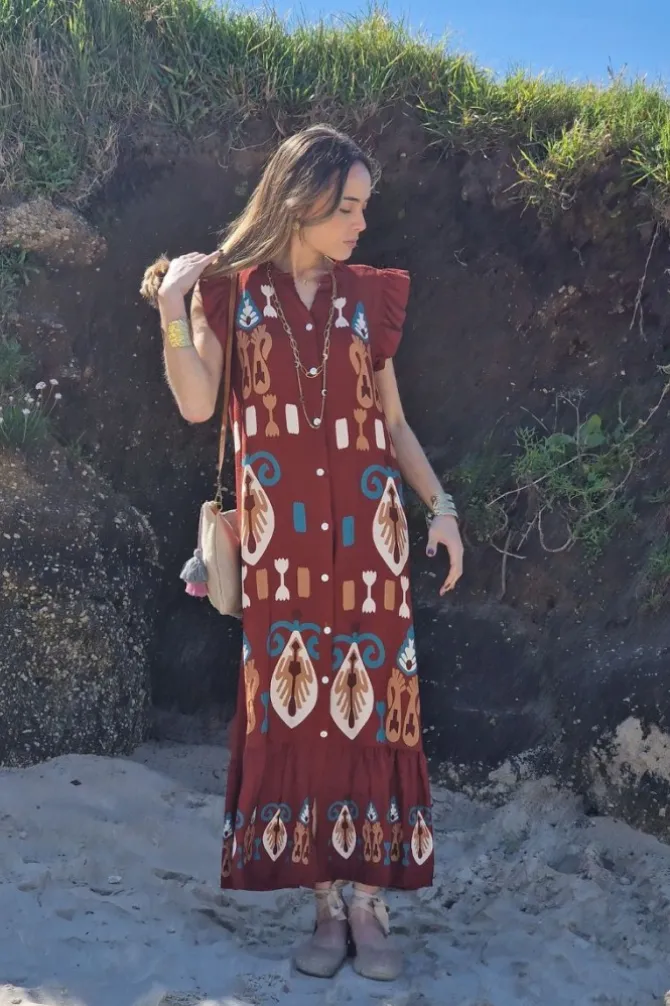 Vestido largo estampado étnico caldero