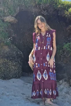 Vestido largo estampado étnico berenjena
