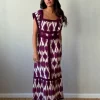Vestido largo morado y beige