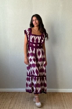 Vestido largo morado y beige