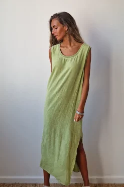 Vestido largo tipo lino verde pistacho