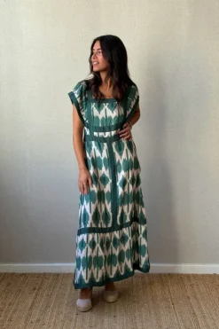 Vestido largo verde y beige