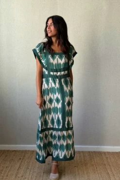 Vestido largo verde y beige