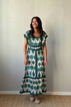 Vestido largo verde y beige